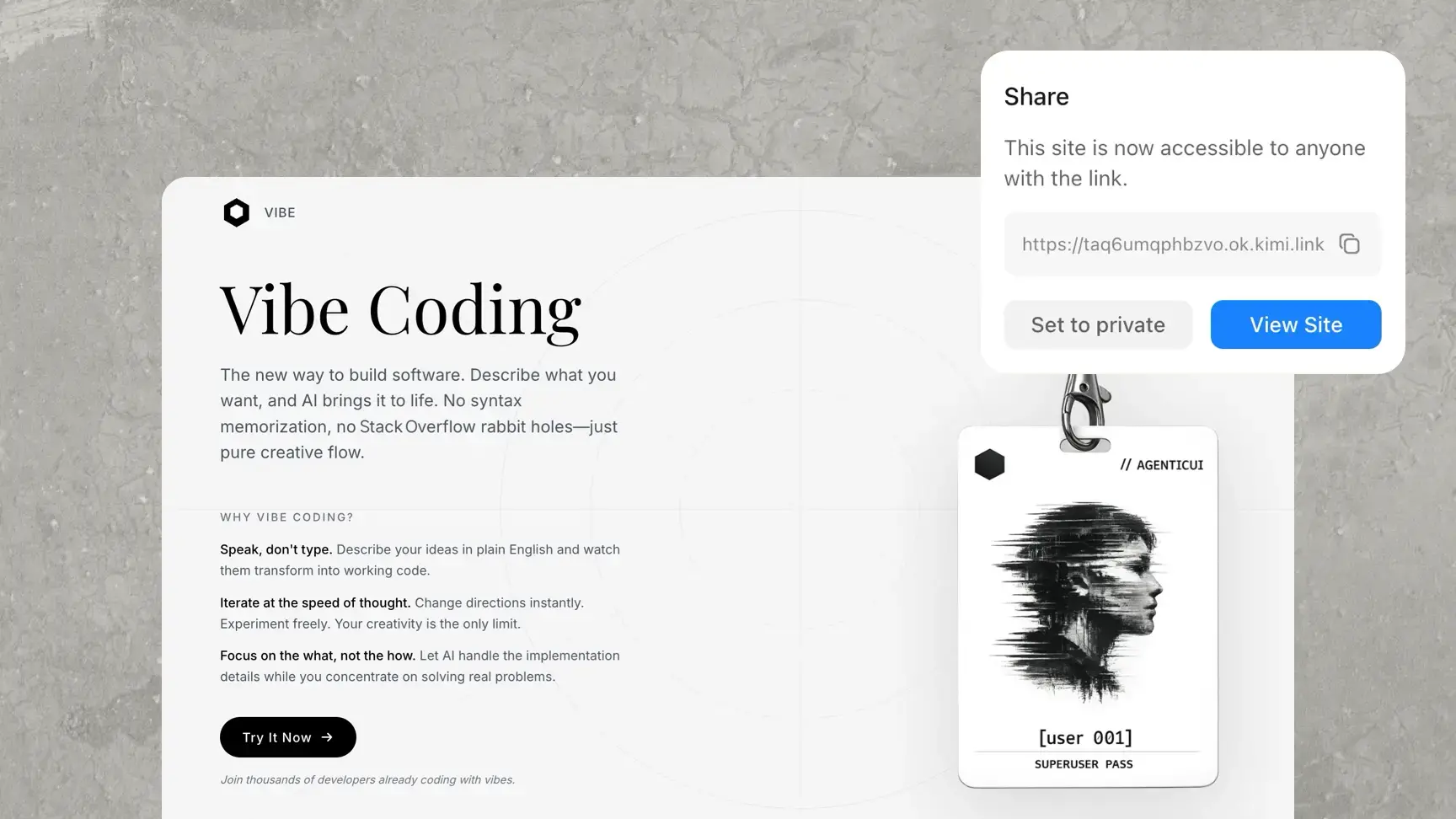 Website preview panel of the AI website creator highlighting responsive site publishing and instant sharing options across desktop, tablet, and mobile.