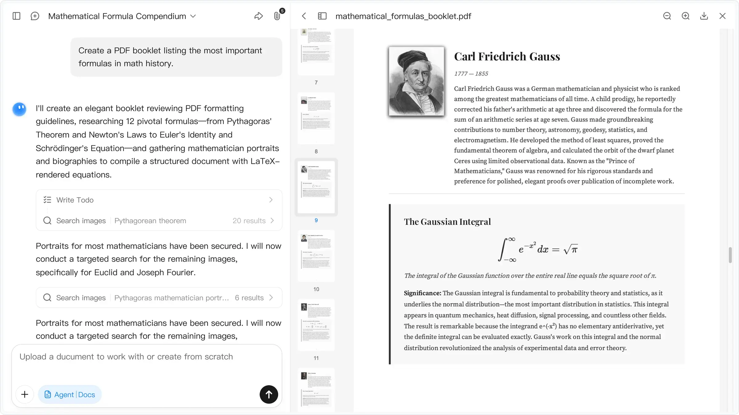 Document agent powered by Kimi K2.5 generating a structured math history PDF with LaTeX formulas 
