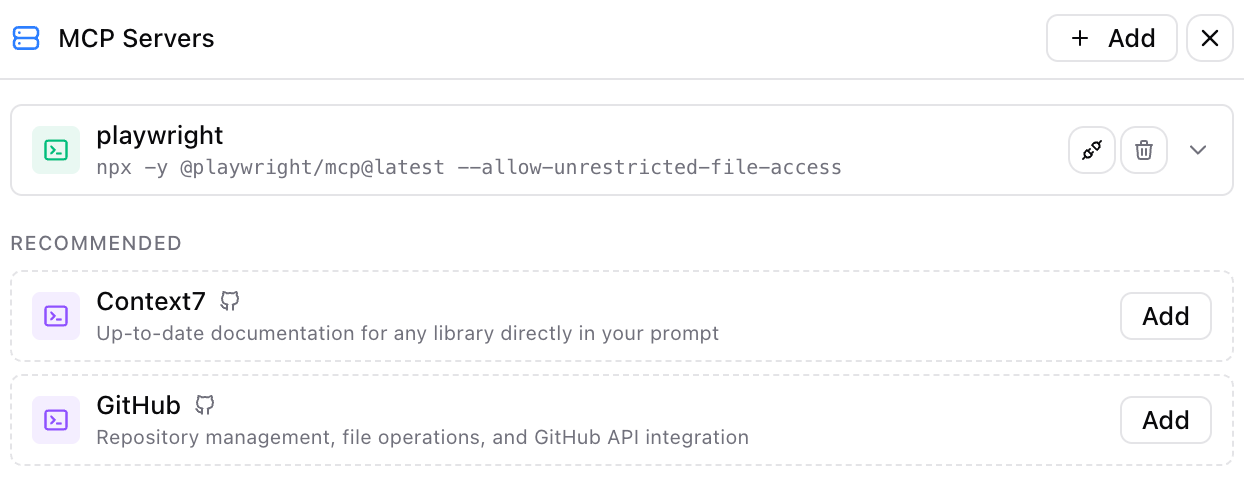 Kimi Code MCP server management interface showing configured servers and available tools