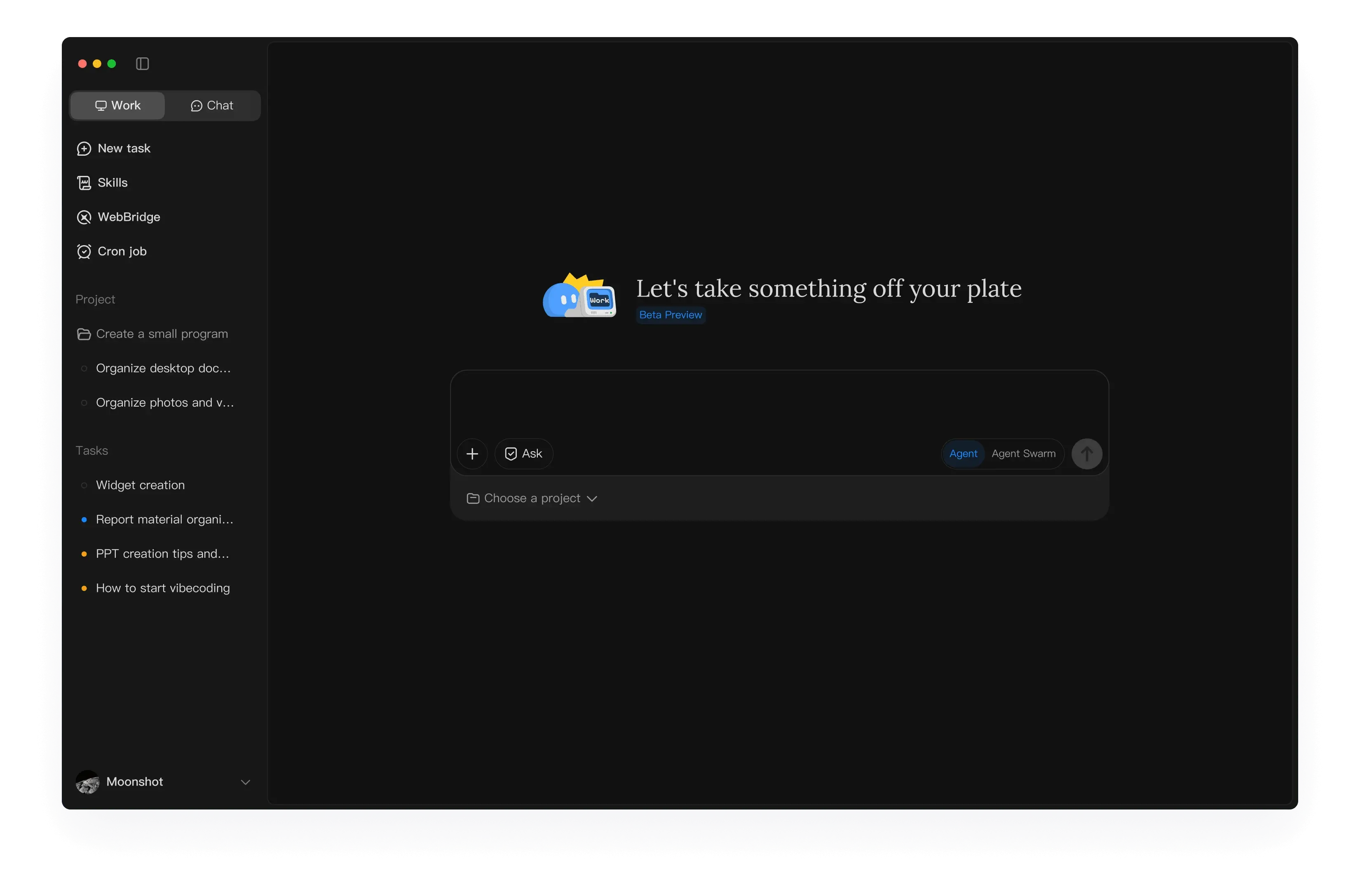 Interface of the local AI agent - Kimi Work | kimiwork
