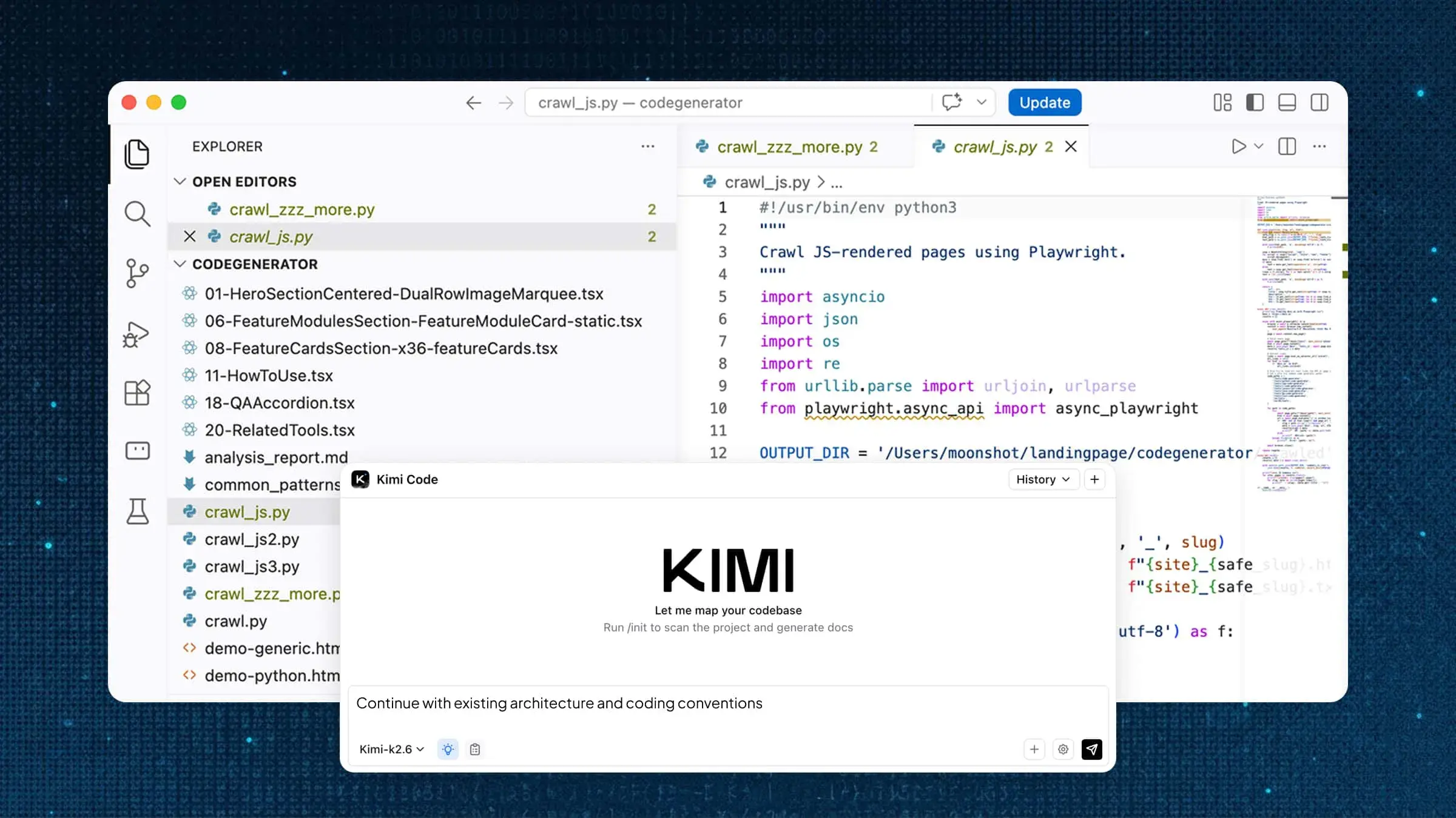 Kimi Code reading a C++ code repository and editing project files