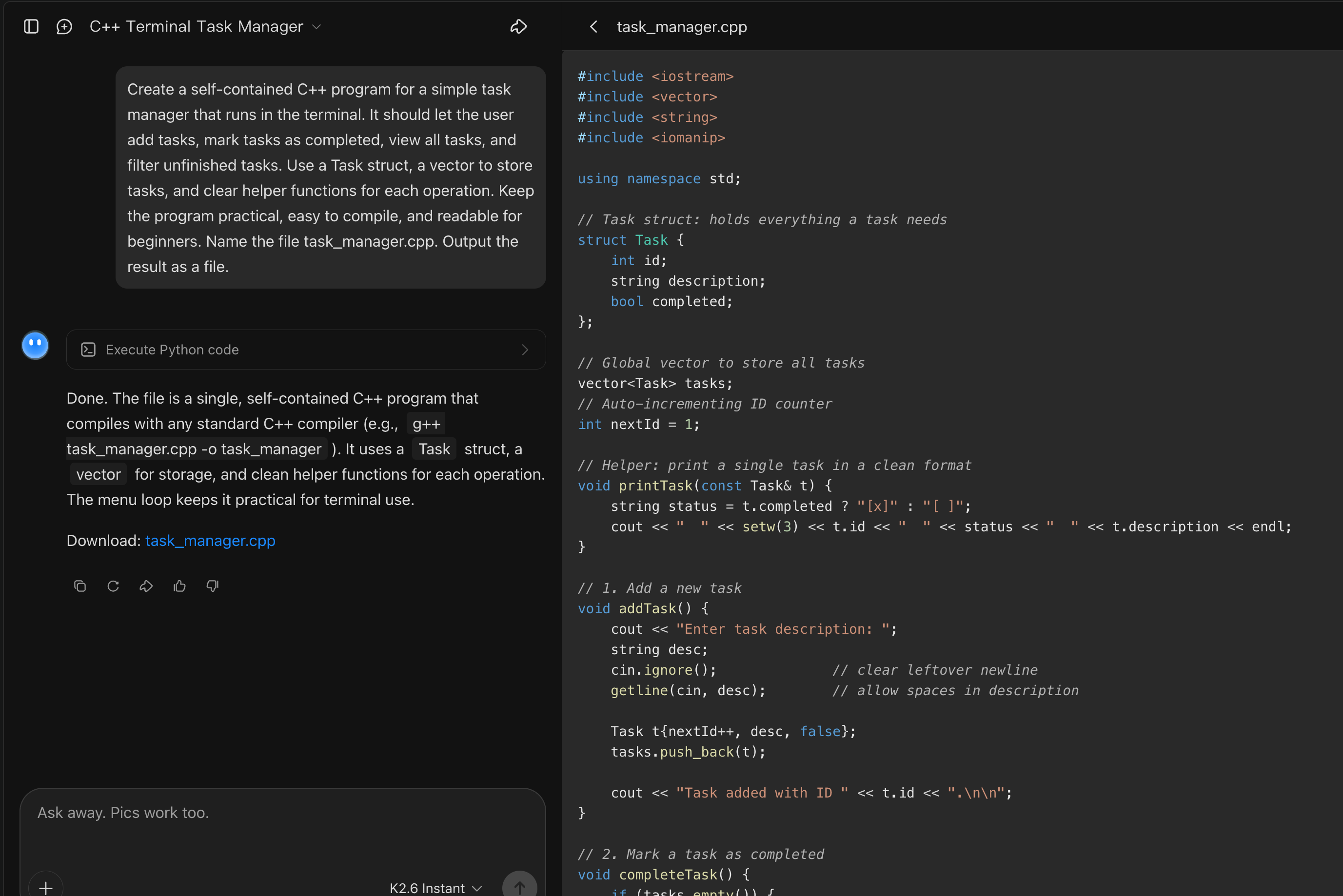 Kimi AI C++ code generator creating structured C++ code from a prompt