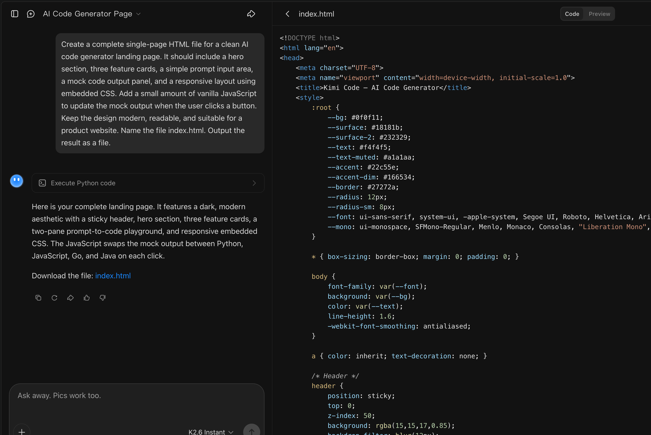 Kimi AI HTML code generator creating structured HTML code from a prompt