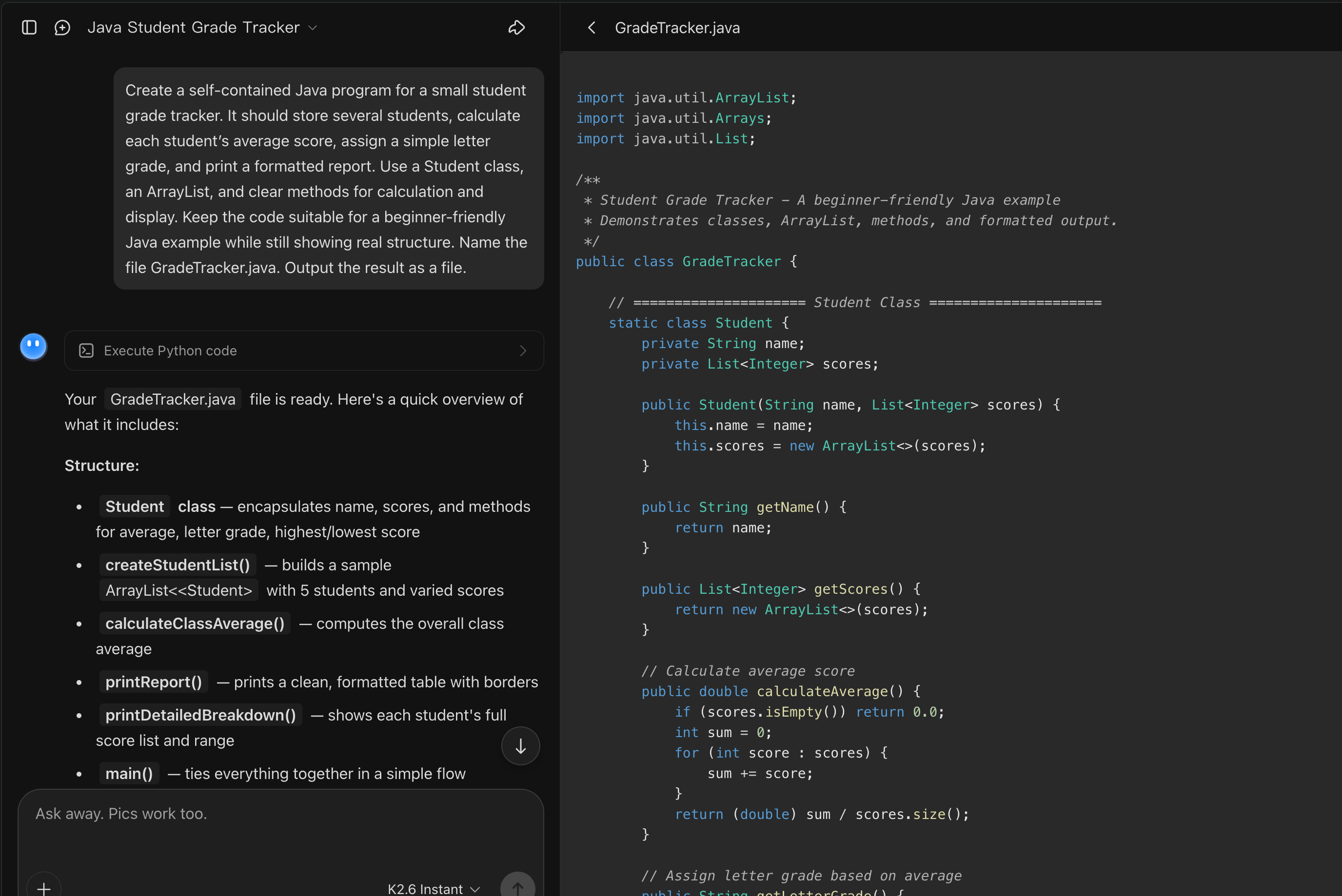 Kimi AI Java code generator creating structured Java code from a prompt