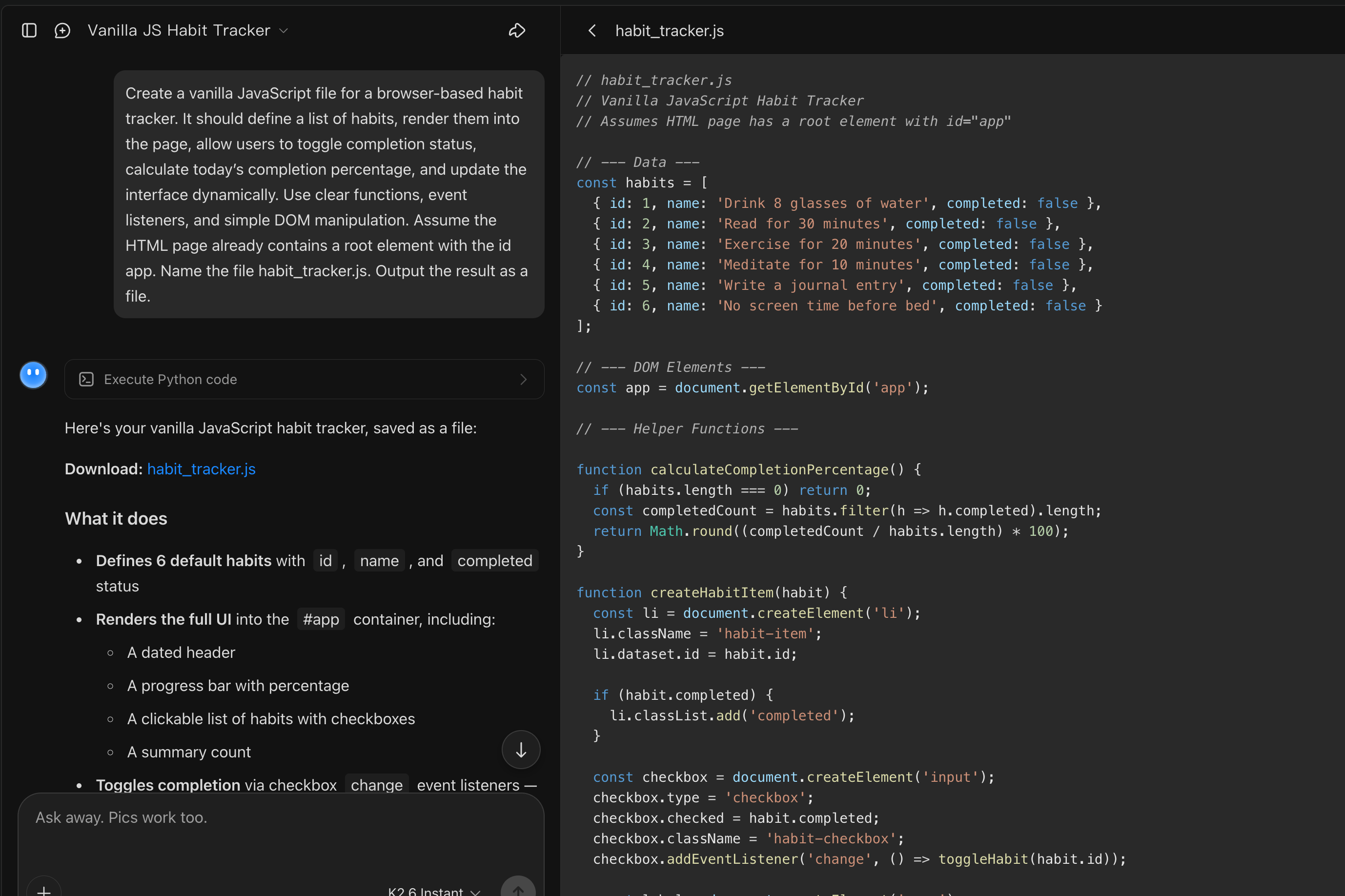 Kimi AI JavaScript code generator creating structured JavaScript code from a prompt