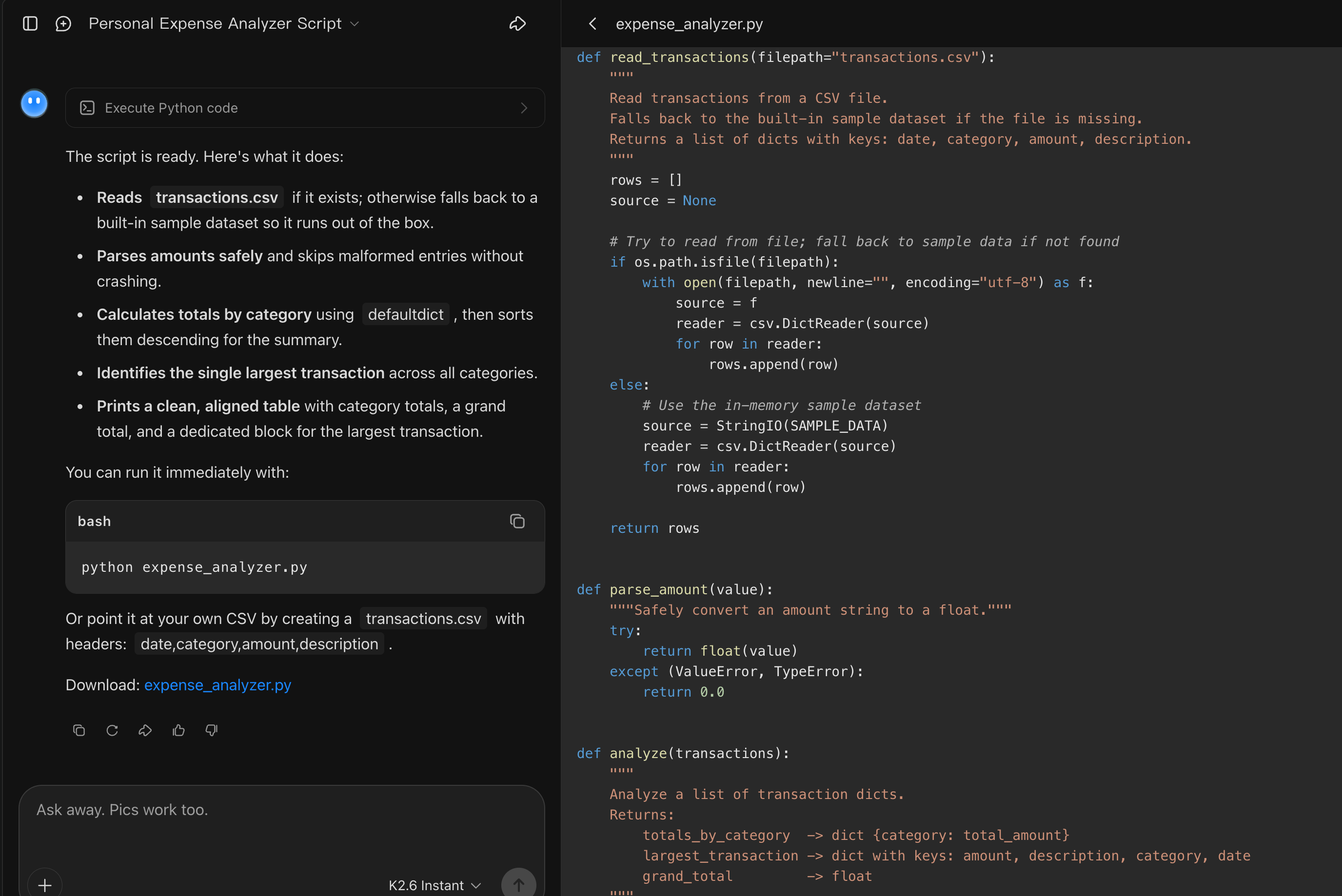 Kimi AI Python code generator creating structured Python code from a prompt