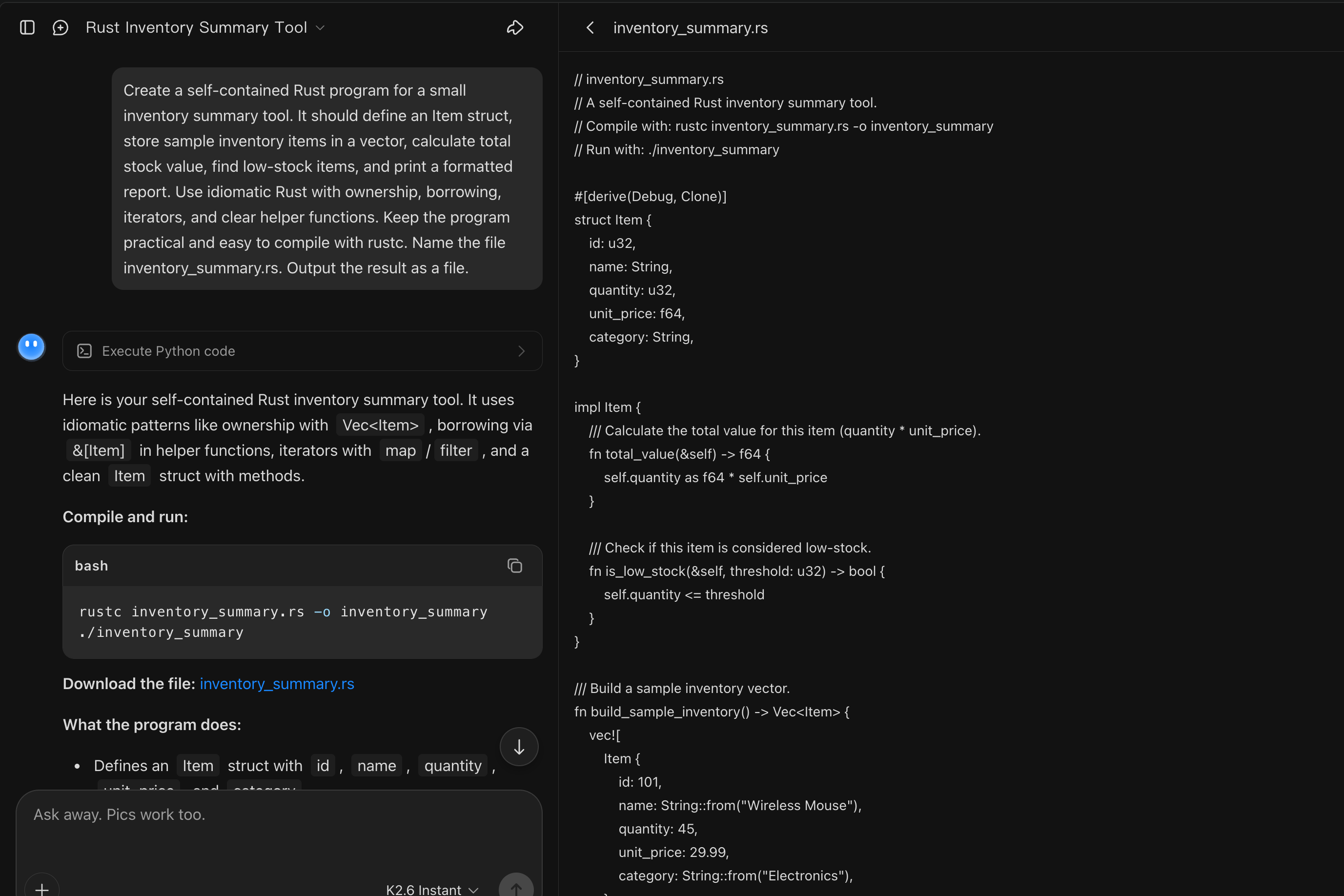 Kimi AI Rust code generator creating structured Rust code from a prompt