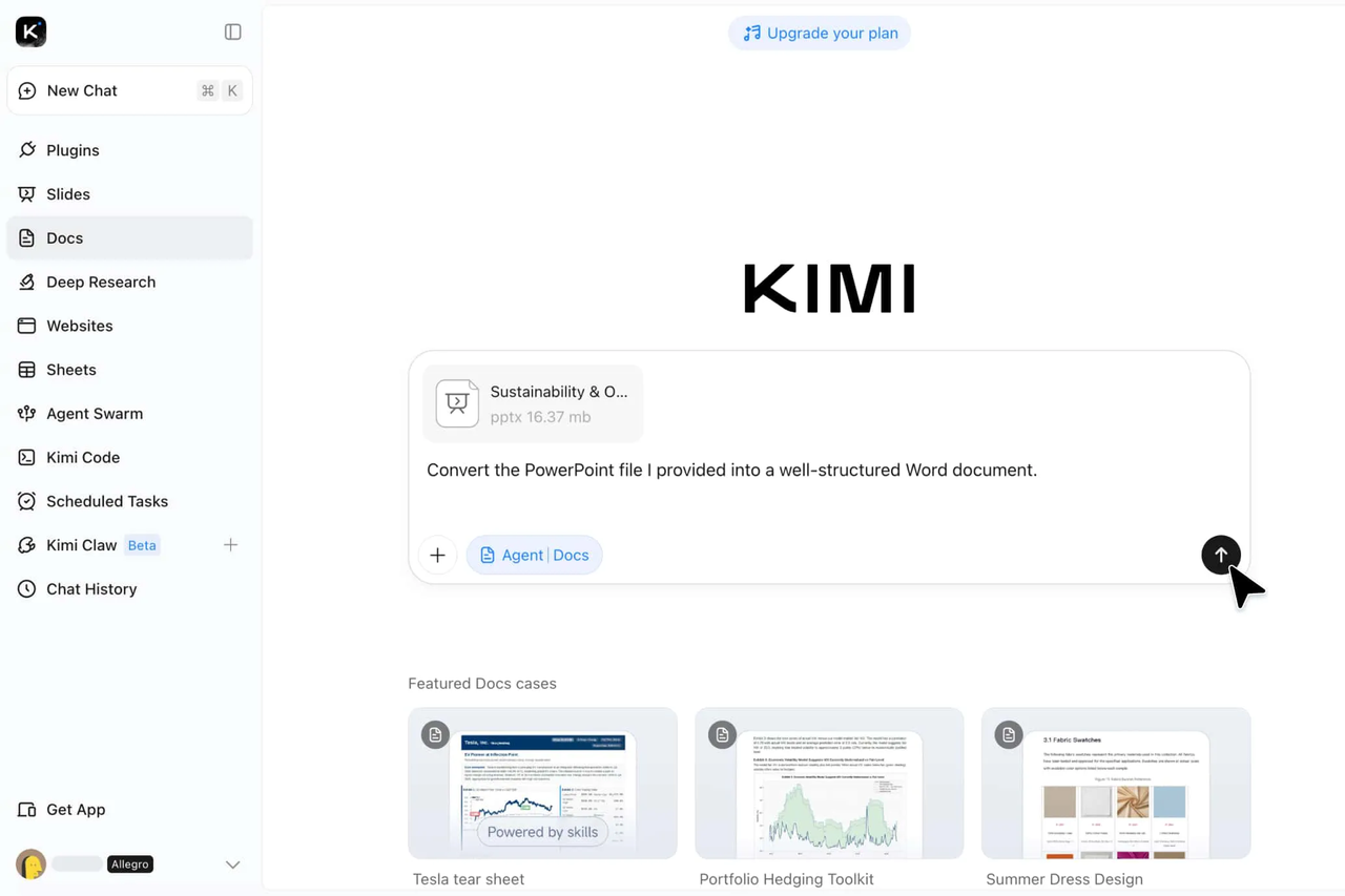 Upload a PowerPoint file to Kimi Docs