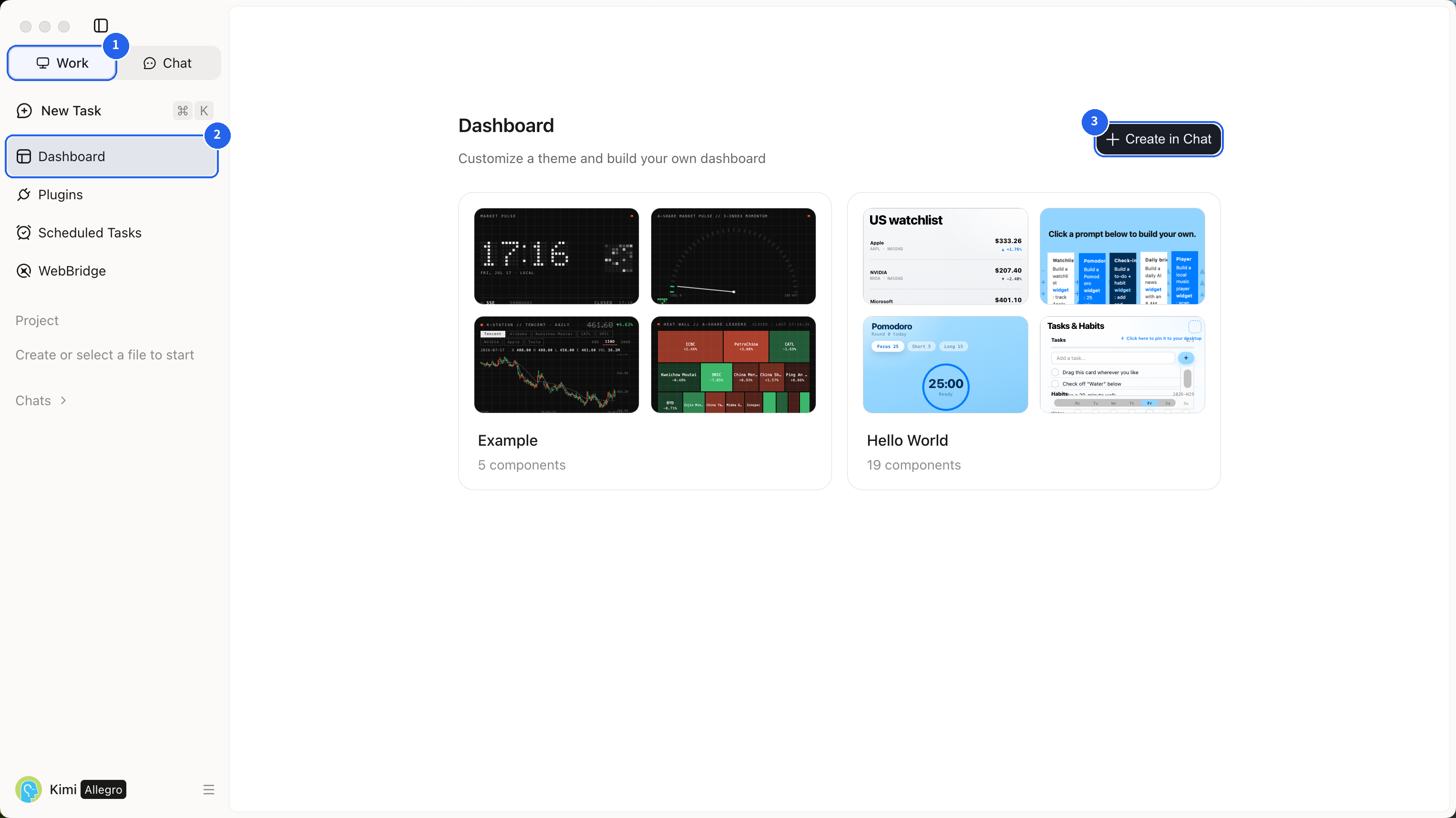 The Kimi Work Dashboard entry with the Create in Chat button