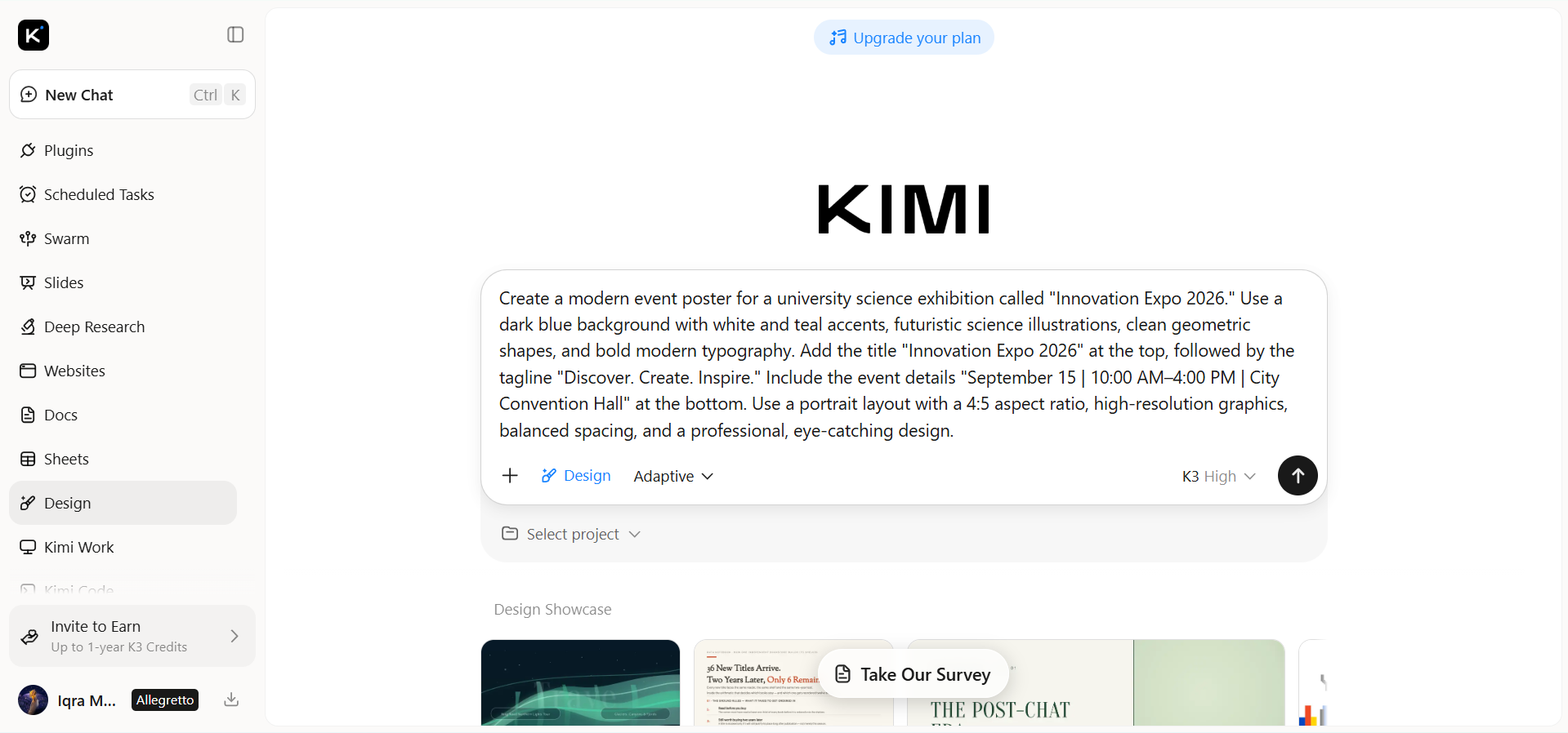 Enter a clear prompt in Kimi Design