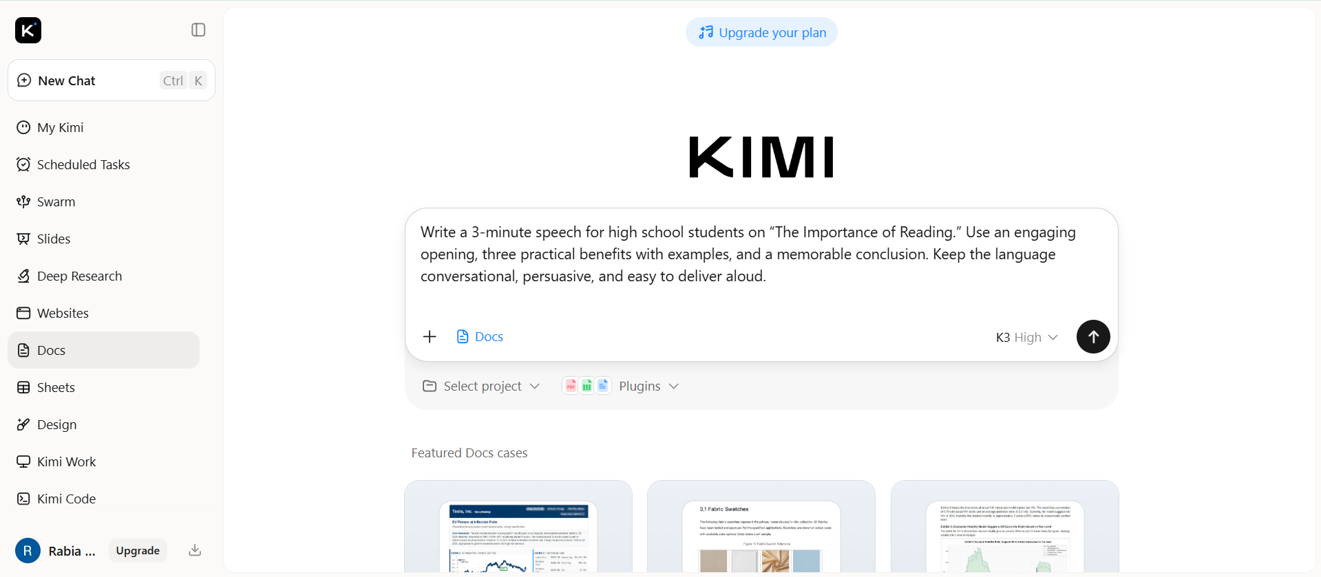 在 Kimi 文档中输入提示词